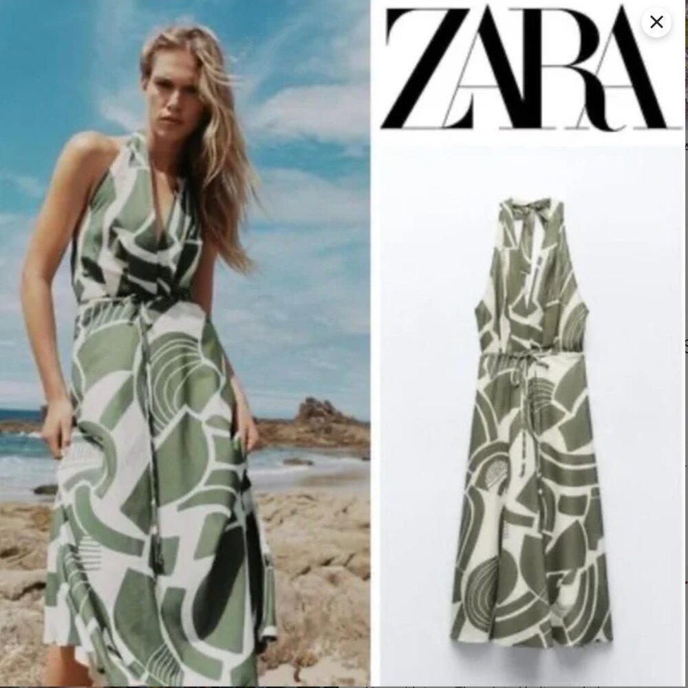 ZARA sage green and cream printed halter dress Size Small NWOT